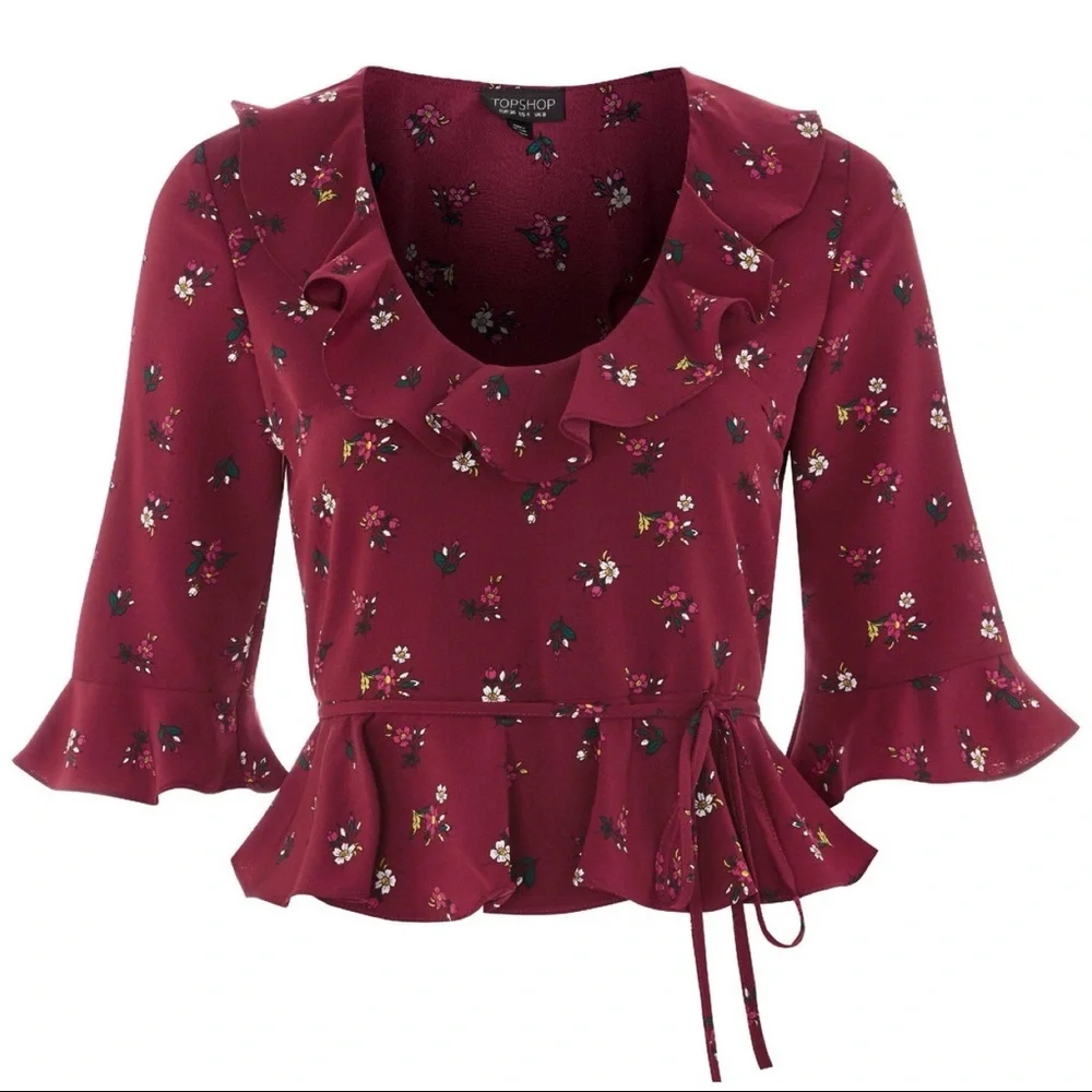 NWT TopShop Ditsy Print Frill Blouse 6 burgundy floral - Picture 6 of 6